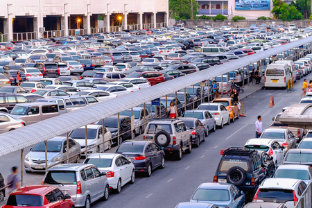 Bangkok, Thailand - May 13, 2016: Cars were parked at Chatuchak BTS station parking lot for BTS skytrain transit to solve traffic jam in Bangkok and facilitate people to commute in capital cityのeditorial素材