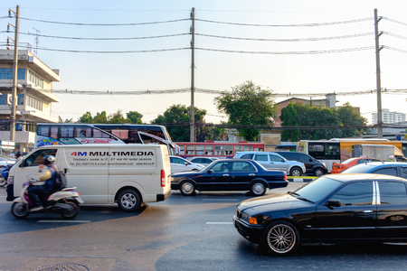 Bangkok, Thailand - Feb. 28, 2017: Traffic moves slowly along a busy road in Bangkok, Thailand. Because The Thai-Belgian bridge on Rama IV Road in Pathumwan district will be closed for 30-45 days for repairs after its steel structure was damaged by a fierのeditorial素材