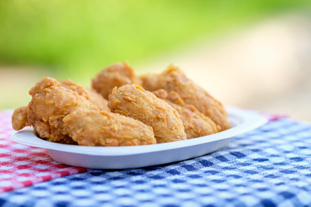 A plate of fresh, hot, crispy fried chicken on blue and red plaid towel