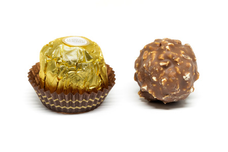 Bangkok, Thailand - February 2, 2016: Chocolate bonbon on a white background.のeditorial素材