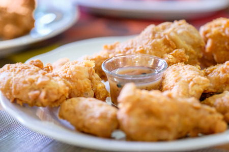 A plate of fresh, hot, crispy fried chicken with sauce and blurred background.の写真素材