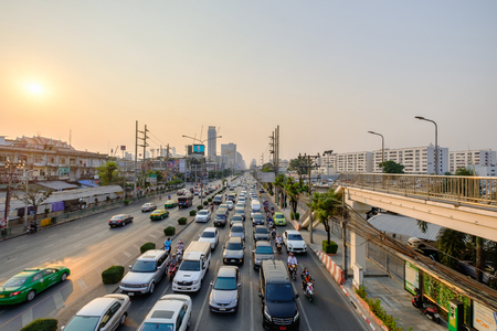 Bangkok, Thailand - February 10, 2017: Traffic jam in city center in Bangkok, Thailand. Annually an estimated 150,000 new cars join the heavily congested streets of the Thai capital.のeditorial素材