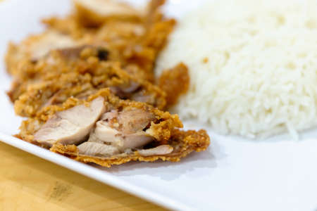 Fried spicy chicken with rice, close upの写真素材