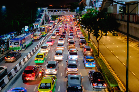 Bangkok, Thailand - October 10, 2017: Traffic jam in city center in Bangkok, Thailand. Annually an estimated 150,000 new cars join the heavily congested streets of the Thai capital.のeditorial素材