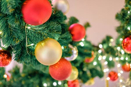 Christmas background - baubles and branch of spruce tree, Selective focus.の写真素材