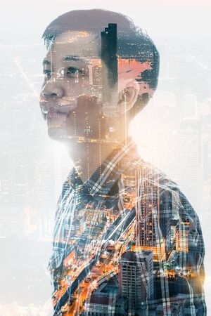 Multi exposure asia man and cityscape, Bangkok night view in the business districtの写真素材