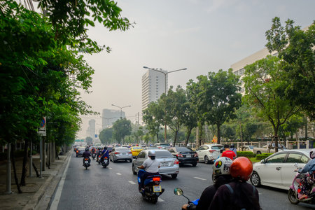 Bangkok, Thailand - January 20, 2020: Smog city from PM 2.5 dust. Cityscape with bad air pollution, PM 2.5 concept photoのeditorial素材