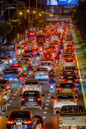 Bangkok, Thailand - December 22, 2020: View of Traffic jam at night in Ratchada Road, Jatujak district, Bangkok Thailand.のeditorial素材