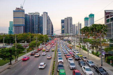 Bangkok, Thailand - December 3, 2020: Traffic jam in city center in Bangkok, Thailand. Annually an estimated 150,000 new cars join the heavily congested streets of the Thai capital.のeditorial素材