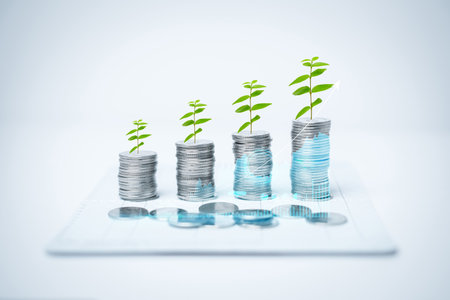 Row of coins for finance and business concepts. Economy,  Tree growing on coins in savings concept, Banking. Finance, Savings and accounts. Investment. Mutual funds, Bonds, Dividends, Interest.の写真素材