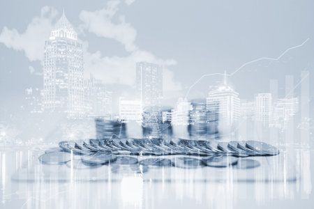 Close up of rows coins for finance and banking conceptの写真素材