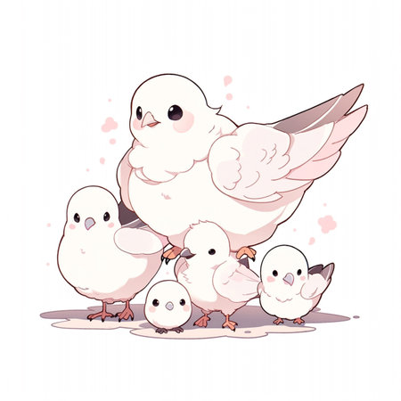 Cute dove bird family, Comic line. A mother dove with four young doves stand close. Generative Ai illustration.の素材
