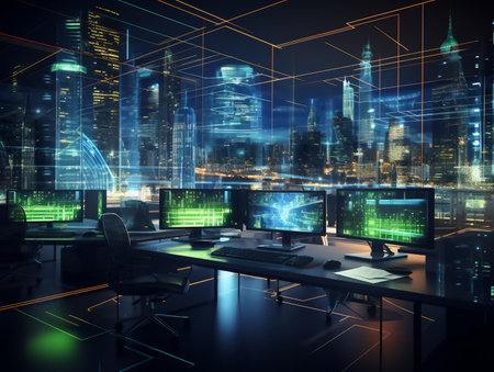 Modern neon cyberpunk open space office interior, Corporate strategy for finance, operations, marketing. Generative AI technologyの素材