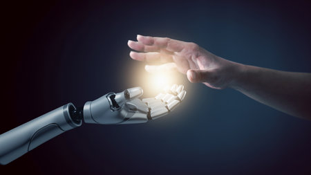 Robot hand touch human hand, the concept of using artificial intelligence technology or Machine learning, learning of AI together with humans, Communication and chat with AI to develop innovation.の写真素材