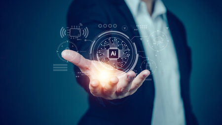 Ai technology, Artificial Intelligence. Concept of using AI to secure business big data and cloud service, Businessman using smart robot technology, Open Ai service and chat to developer robot.の写真素材