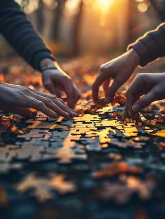 Fellowship concept. Collaboration, 4 people working together to put together a jigsaw puzzle on the grass. during sunset in the autumnの素材