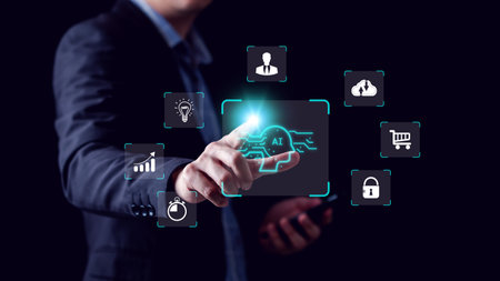 Start up business with AI tool, Artificial intelligence technology concept for changing worldwide daily life, Businessman uses Smart phone AI application as assistant in management.の写真素材