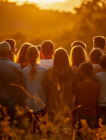 Heartwarming scene of a multi-generational family gathered, showcasing unity and a Christ-centered community during a serene sunset. AI Generativeの素材