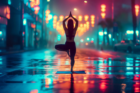 Woman practicing tree yoga pose on a city street at night with vibrant lights reflecting on wet pavement. Generative Aiの素材
