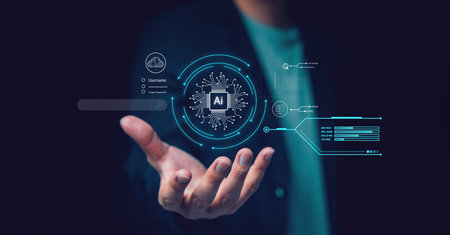 Man hand holding virtual graphic of artificial intelligence (AI) in screenの写真素材