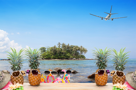 Wood floor with pineapple on tropical island and airplane,concept summer and travel backgroundの写真素材