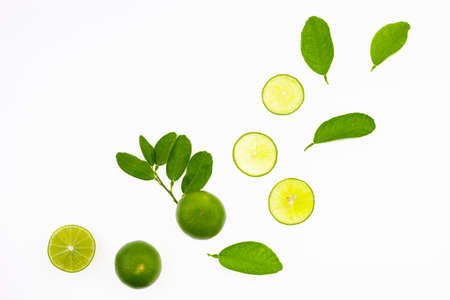 Green lemon sliced and leafs isolated on white backgroundの写真素材