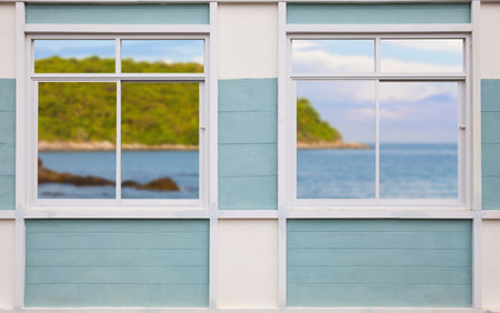 Modern white window blur scenery island and sky backgroundの写真素材