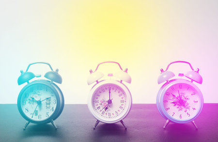 set of alarm clock on black leather retro pastel color image