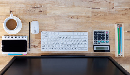 Office desk wood table of Business workplace and business objects