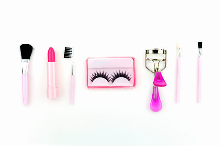 Cosmetics set for women on white background.