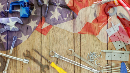 Set of tools on wooden background concept Father day and labor day background.