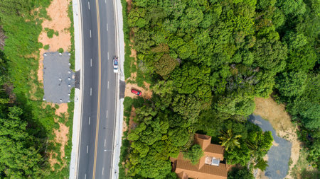 Aerial view from drone top view of asphalt road with green forest.