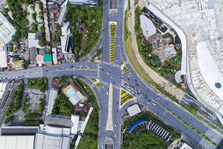Drones Aerial View top down of road junction from above Image for transportation background,automobile traffic of many cars and sign,symbol on road.の写真素材