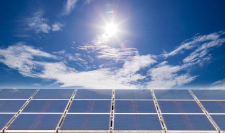 Solar panel and solar energy panel on red roof blue sky and sunlight Ecology concept.