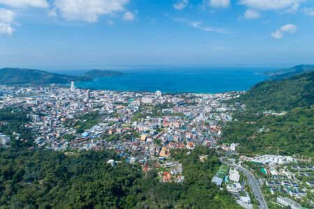 Landscape nature view from Drone aerial view with patong city in phuket thailandの写真素材