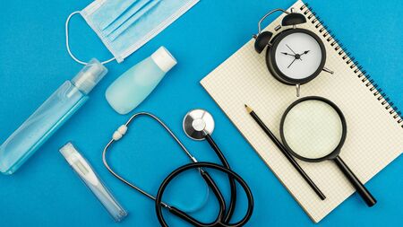 Top view of Medical equipment with Covid-19 virus prevention equipmentの写真素材