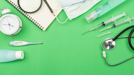 Top view of Medical equipment with Covid-19 virus prevention equipmentの写真素材