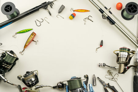 Fishing rods and reels fishing tackle on white leather backgroundの写真素材