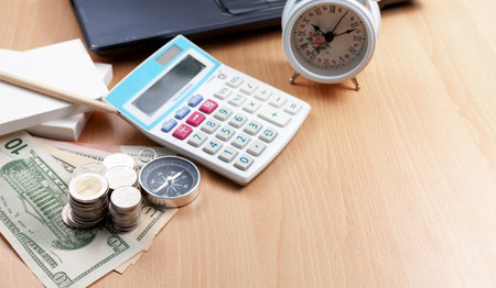 Work at home concept of Business objects on home table background
