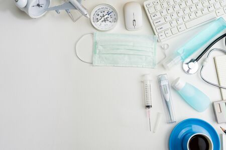Top view of Business objects with Medical equipment and Covid-19 virus prevention equipmentの写真素材