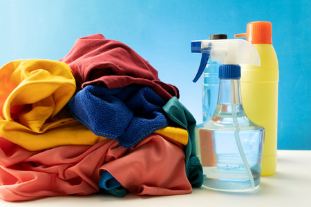 Plastic bottles of cleaning products set with pile clothes on white table background