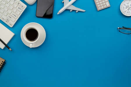 Office desk wood table of Business workplace and business objects copy space for your Business finance text and Business banking text backgroundの写真素材