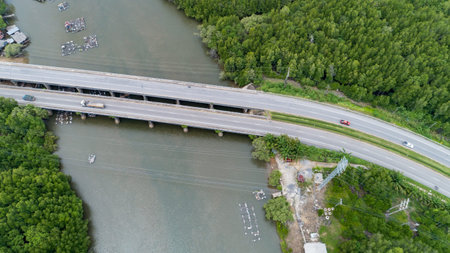Aerial top view drone shot of bridge with cars on bridge highway road image transportation...