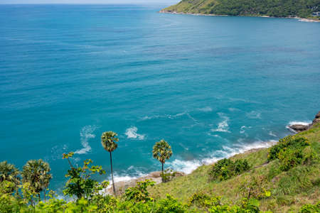 Aerial view Top down seashore wave crashing on seashore Beautiful turquoise sea surface in sunny day Good weather day summer background Amazing seascape.の写真素材