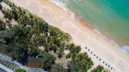 Aerial view top view of Coconut palm trees on the beautiful Karon beach Phuket Thailand Amazing sea beach sand tourist travel destination in andaman sea Beautiful phuket island Travel and tour conceptの写真素材