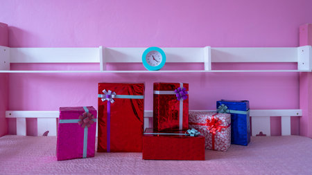 Banner design creative concept Beautiful elegant gift boxes on pink background Copy space text area