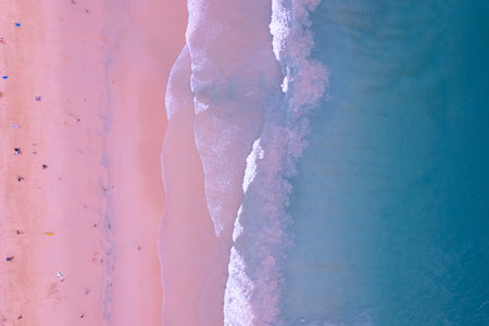 Top view of amazing pastel pink sand beach and turquoise sea copy space available nature background...