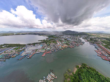 Panorama aerial view of fishing village and large fishing port around the island in Phuket city Thailandの写真素材