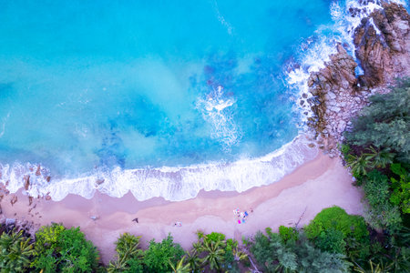 Top view aerial photo from flying drone of amazing beautiful sea beach landscape with turquoise water, Copy space for your advertising text message or promotional content,Travel and tour backgroundの写真素材