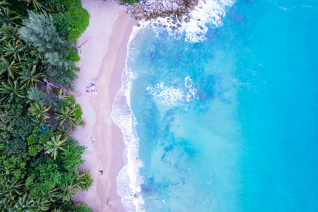 Top view aerial photo from flying drone of amazing beautiful sea beach landscape with turquoise water, Copy space for your advertising text message or promotional content,Travel and tour backgroundの写真素材